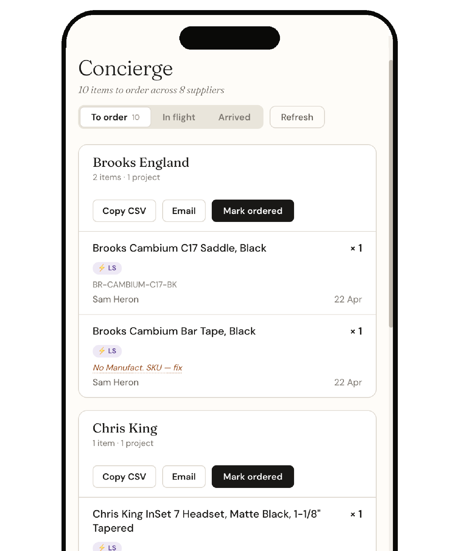 Concierge to-order tab on mobile, showing supplier-grouped shortfalls with provenance pills