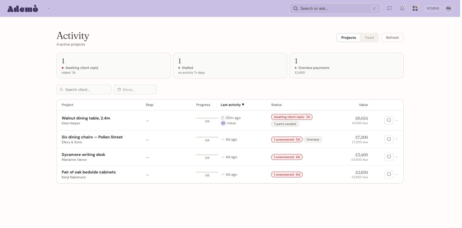 Vidual Activity view showing every active project, its status and value