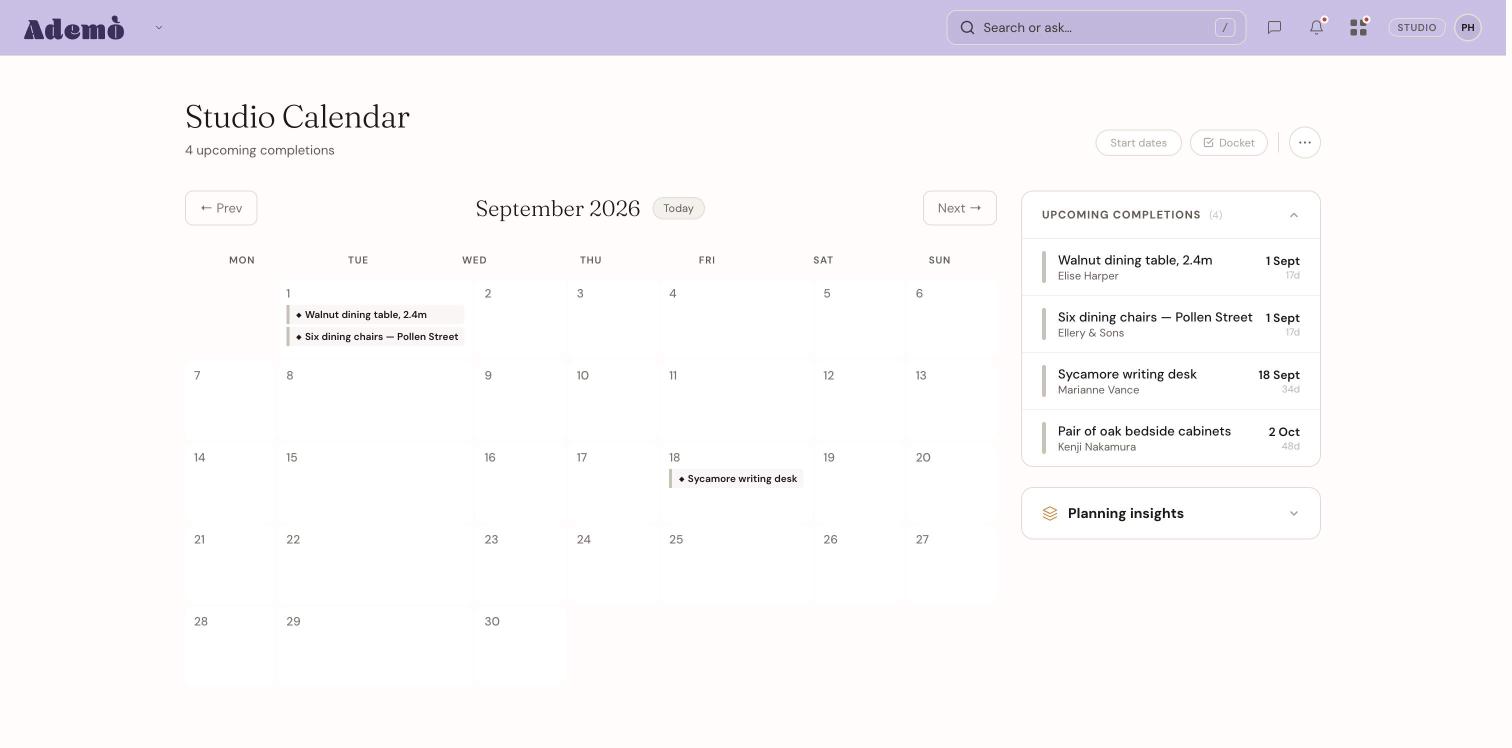 Vidual Studio Calendar with the month grid and upcoming completions