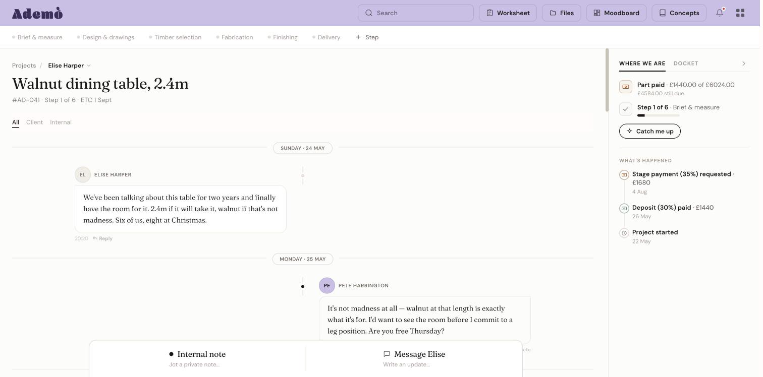 A Vidual project timeline beside the payment and stage rail