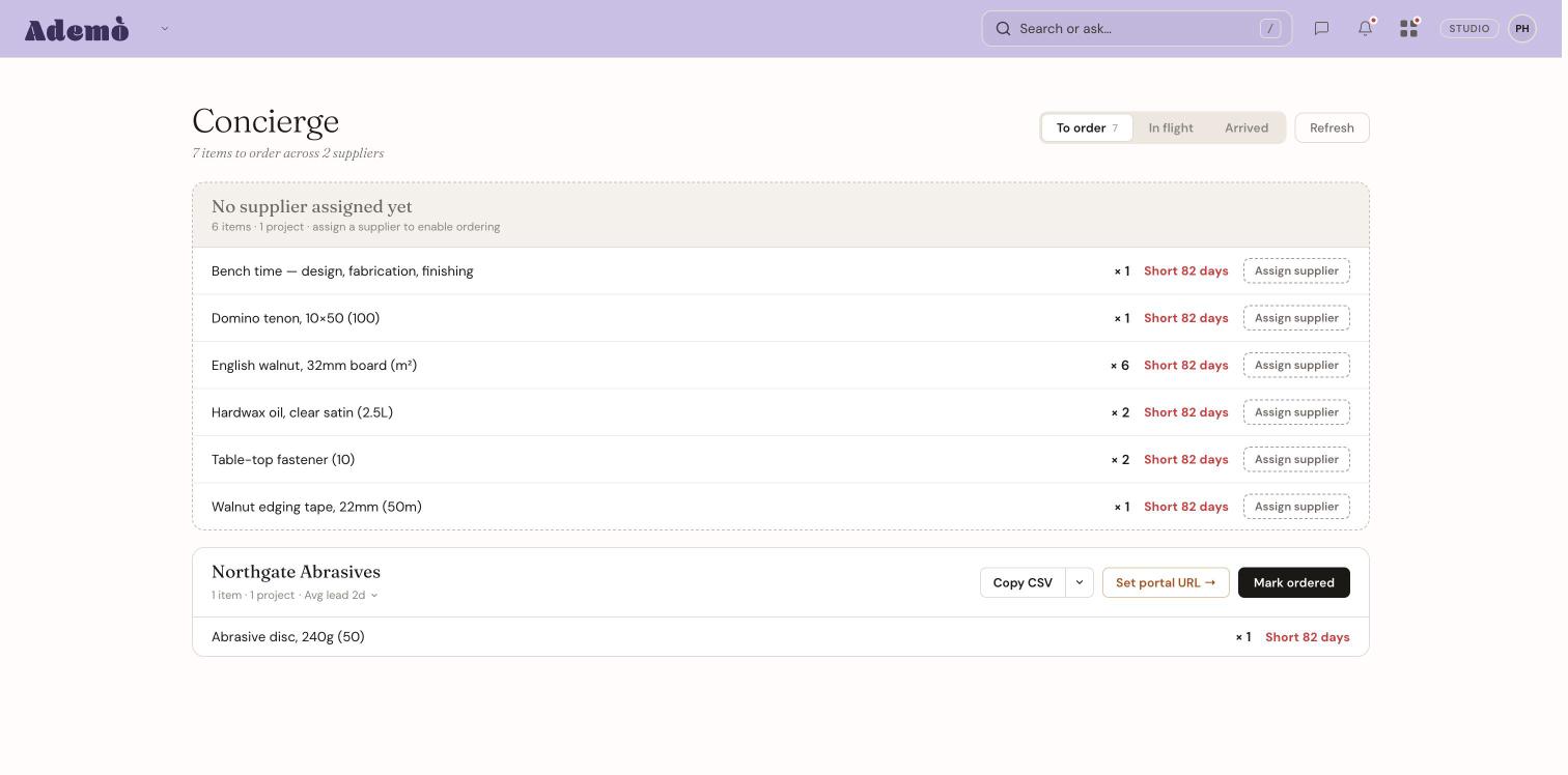 Vidual Concierge grouping shortfalls by supplier, ready to send