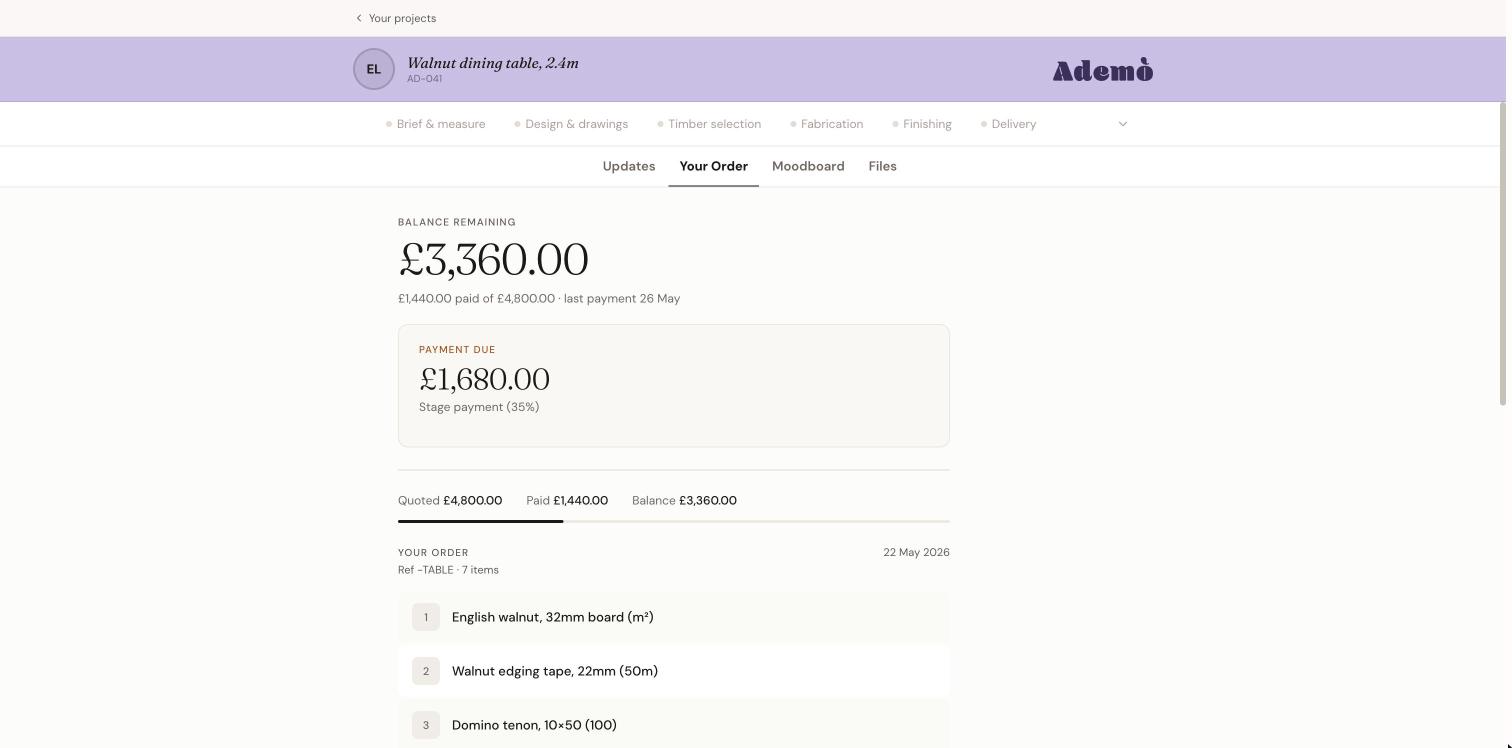 The client portal showing balance, payment due and the order, in the studio's own brand