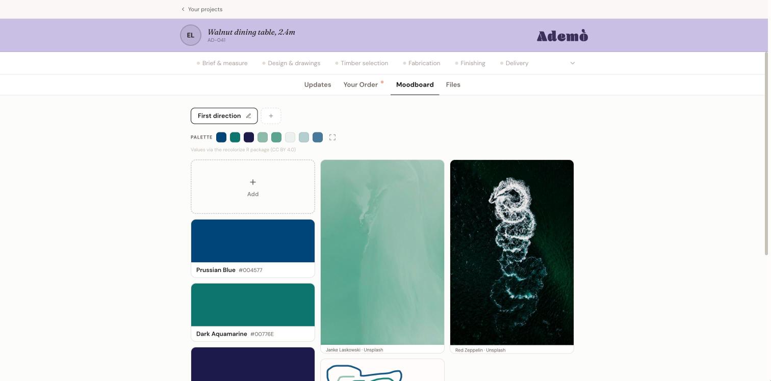 A Vidual moodboard with a named colour palette and pinned photographs